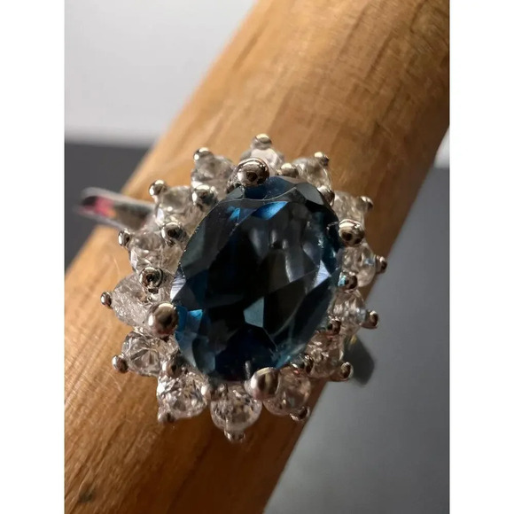 London blue topaz halo ring in platinum over sterling silver. ctw 1.40 size 5 - Picture 2 of 11